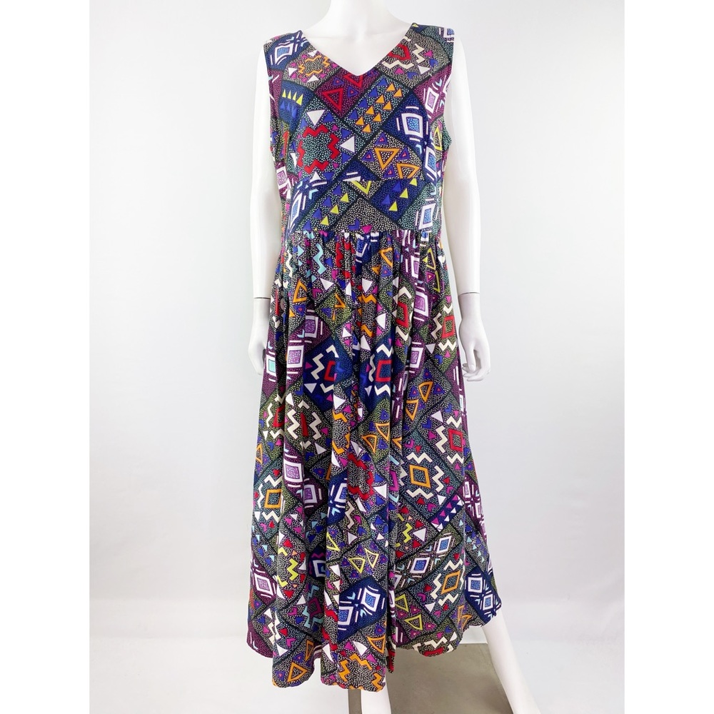 Ashro Size 12 Multicolor Geometric Print Sleeveless A-Line Maxi Dress